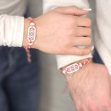 Мартеница за ръка с мотив шевица с бели и червени мъниста - голяма