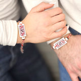 Мартеница за ръка с мотив шевица с бяло и бели и кафяви мъниста