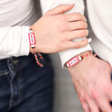 Мартеница за ръка с мотив шевица с червено и бели и кафяви мъниста